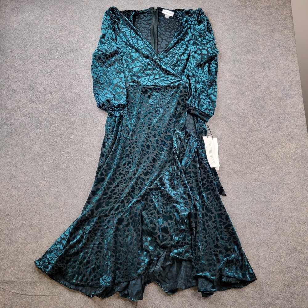 Calvin Klein‎ Dress Womens 8 Green Velvet Animal Print Wrap Maxi Ruffle Gown